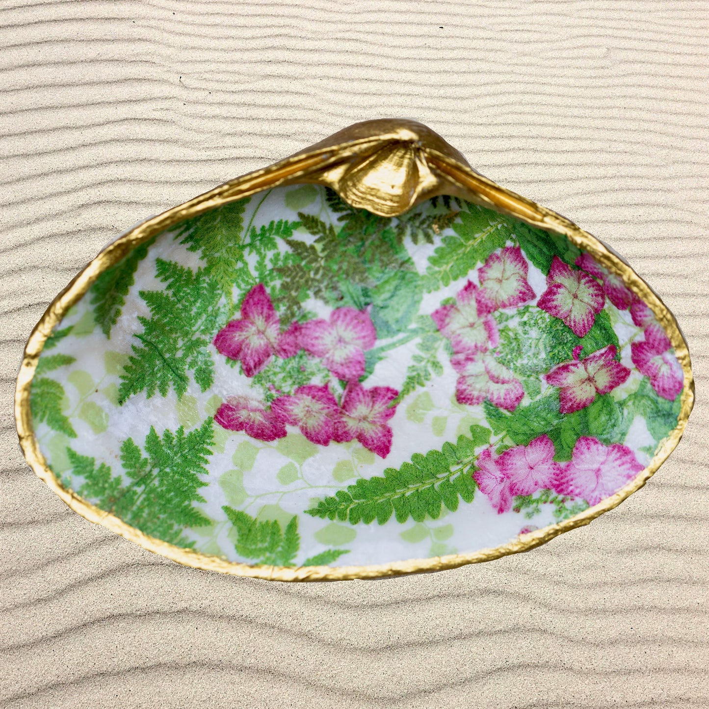 Decoupage Designed Shell-Fern Whispers and Floral Blush
