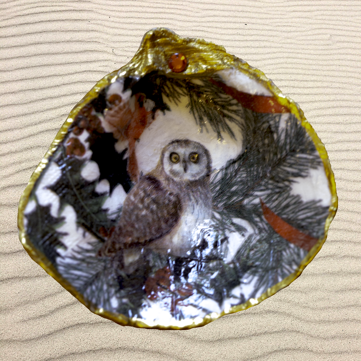 Decoupage designed shell-Mini Owl